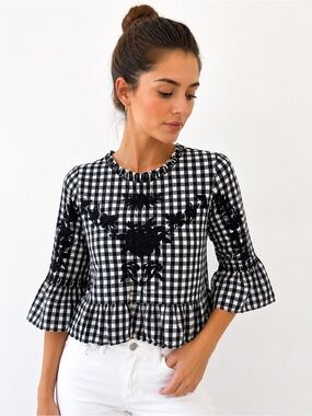 Zara Trafaluc Collection Gingham Embroidered Peplum Blouse Small